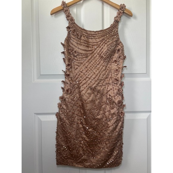 Handmade Beaded Mini Dress Medium Floral Applique Party Cocktail Dress Rose Gold - Picture 1 of 6